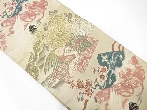 アンティーク 鶴に巻物・菊梅模様織出し丸帯(材料)